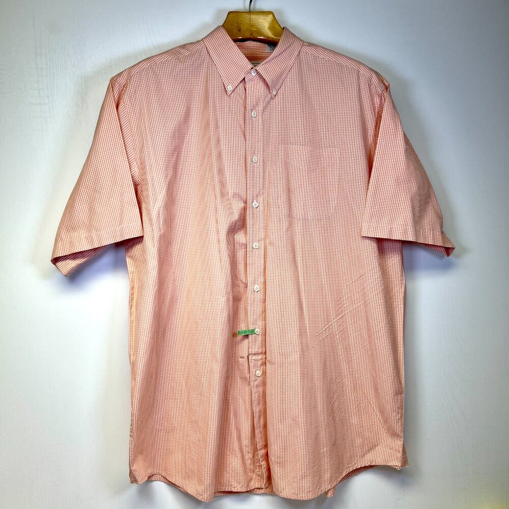 LL Bean Mens XXL Tall Orange & White Gingham Madras Button Up Short Sleeve Shirt